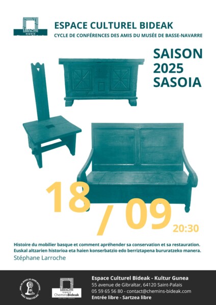 Affiche de la conférence "Histoire du mobilier basque" 18 septembre à 20:30 à l'Espace Culturel Bideak.